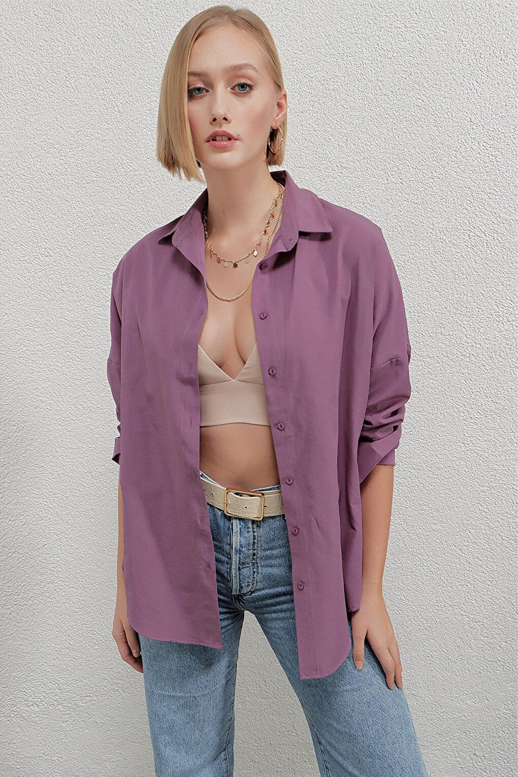 Women's Dark Lilac Oversize Long Basic Shirt HZL22W-BD139001