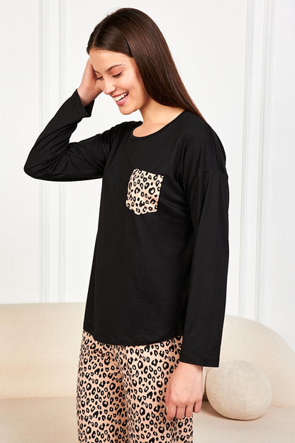 Women's Leopard Pocket T.Shrt 2 Pcs Tkm 7606 PJM