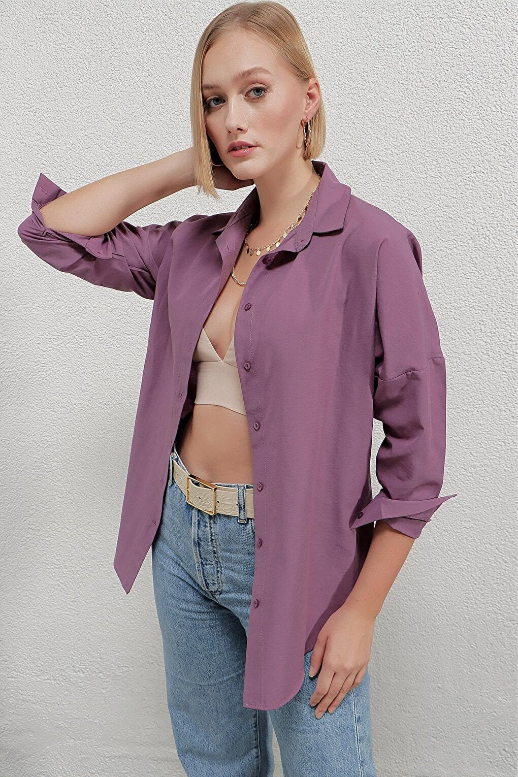 Women's Dark Lilac Oversize Long Basic Shirt HZL22W-BD139001