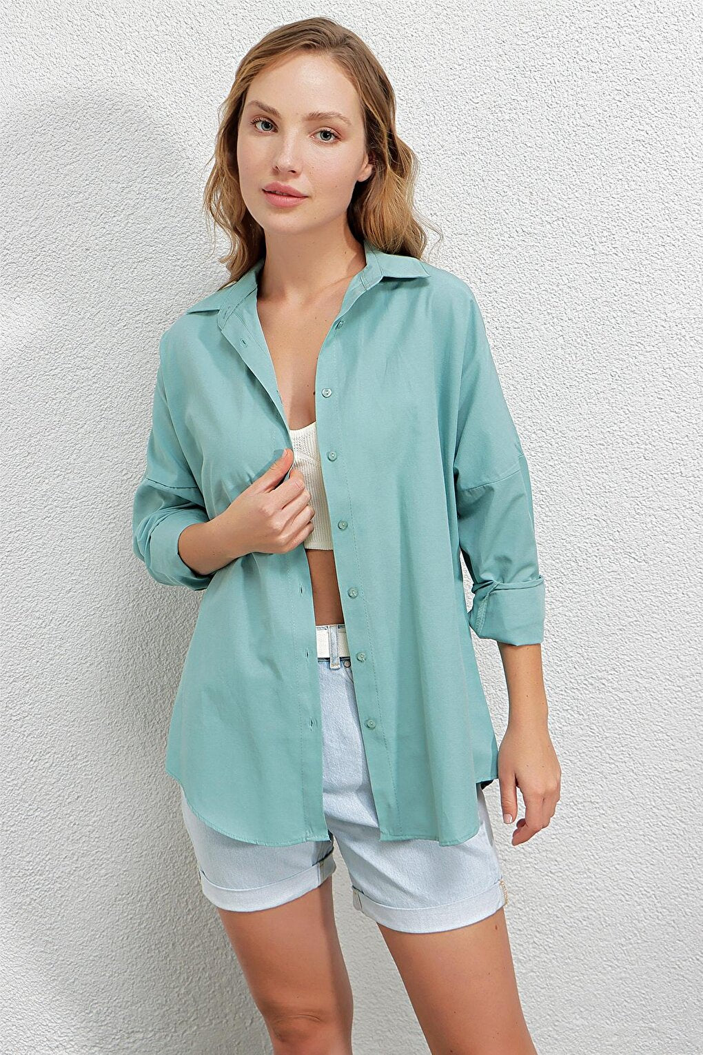 Women's Water Green Oversize Long Basic Shirt HZL22W-BD139001