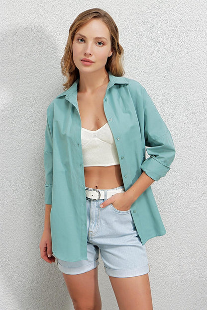 Women's Water Green Oversize Long Basic Shirt HZL22W-BD139001