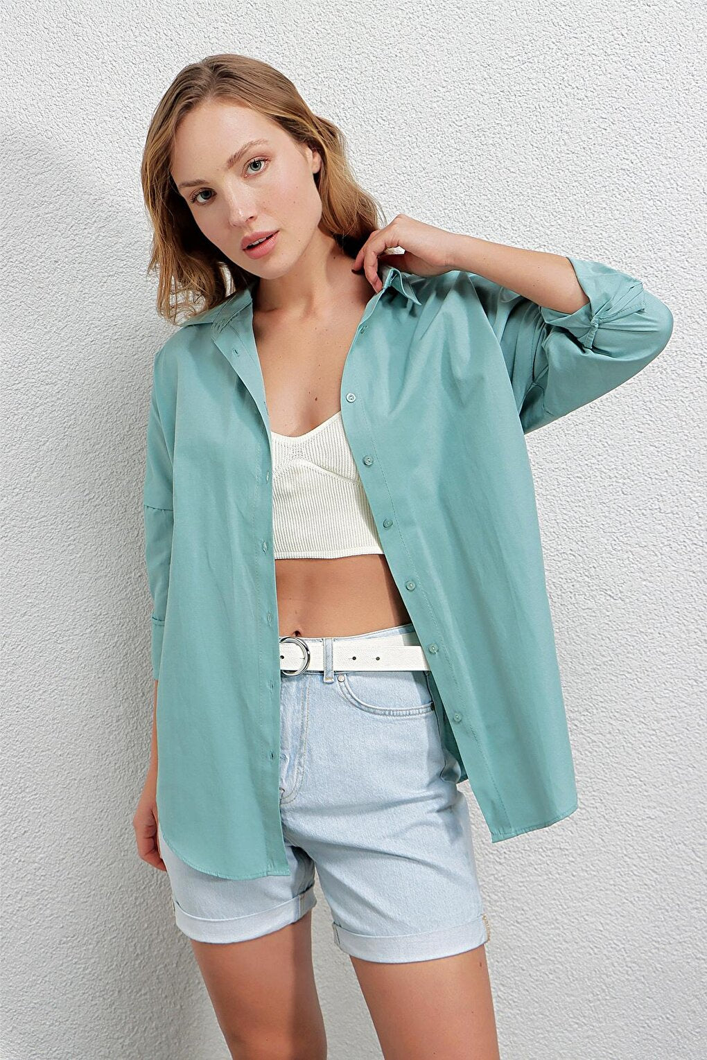 Women's Water Green Oversize Long Basic Shirt HZL22W-BD139001