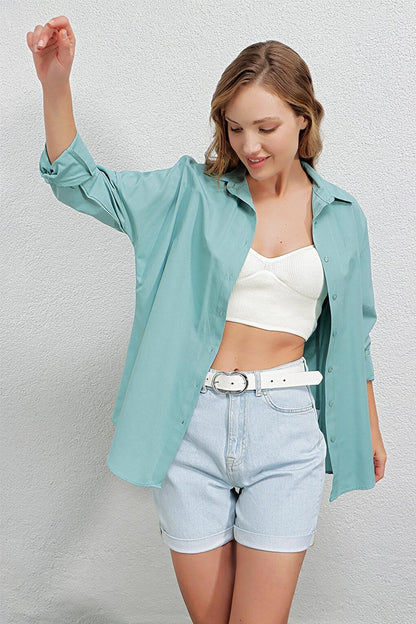 Women's Water Green Oversize Long Basic Shirt HZL22W-BD139001