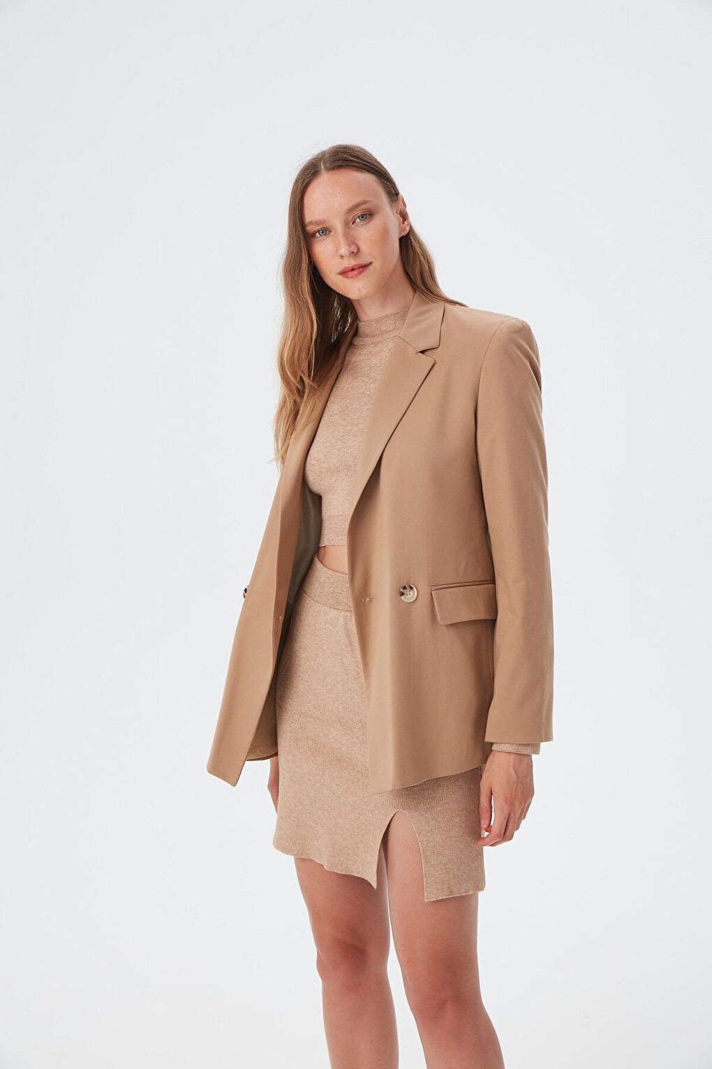 Women's Camel Button Detailed Blazer Jacket