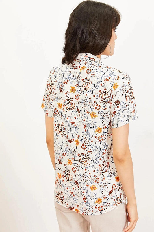 Women's Floral Pattern Short Sleeve Linen Look Shirt