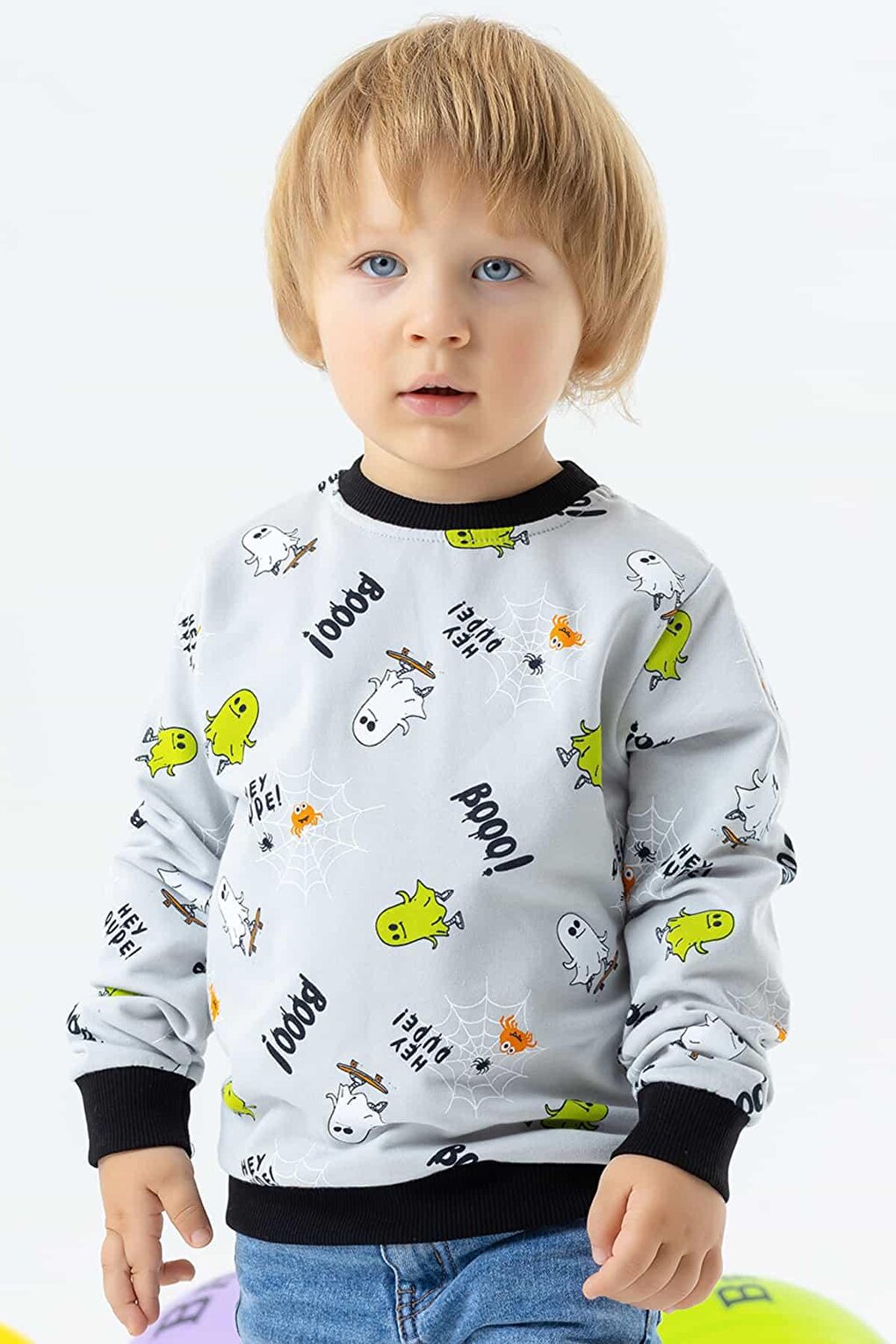 Boy's Sweatshirt Skateboard Ghost Patterned Light Gray (1.5-3 Years)