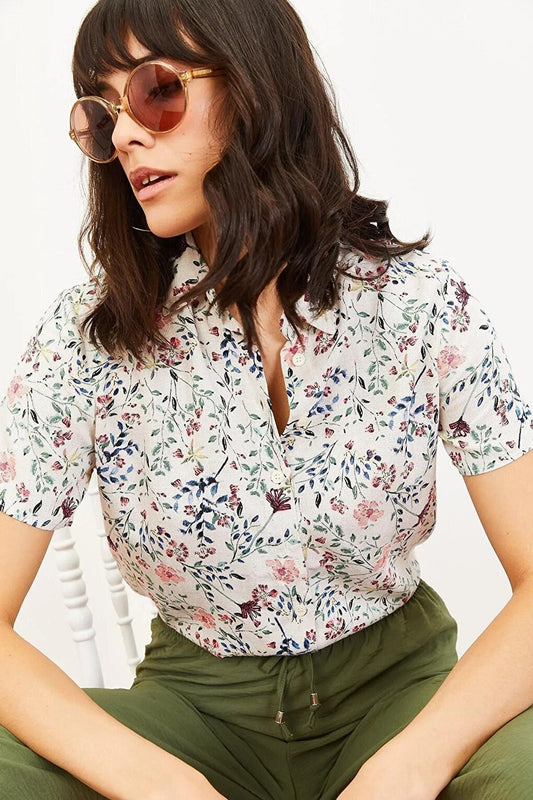 Women's Floral Pattern Short Sleeve Linen Look Shirt