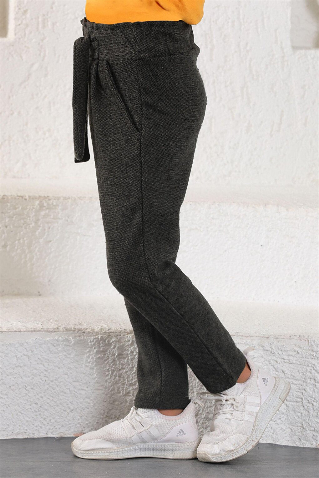 Girl's Black Gray Colored Belted Trousers