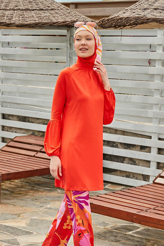 Floral Orange Fully Covered Hijab Swimsuit M2317