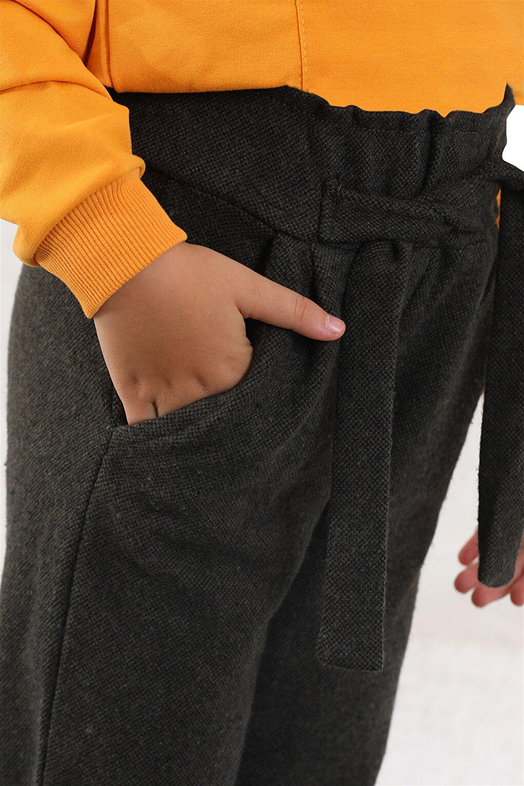 Girl's Black Gray Colored Belted Trousers