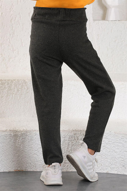 Girl's Black Gray Colored Belted Trousers