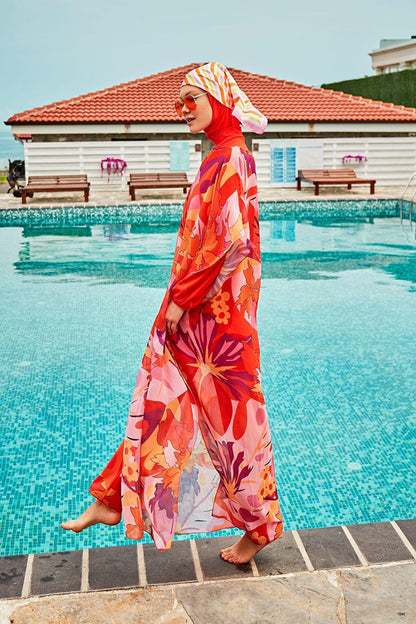 Floral Orange Fully Covered Hijab Swimsuit M2317