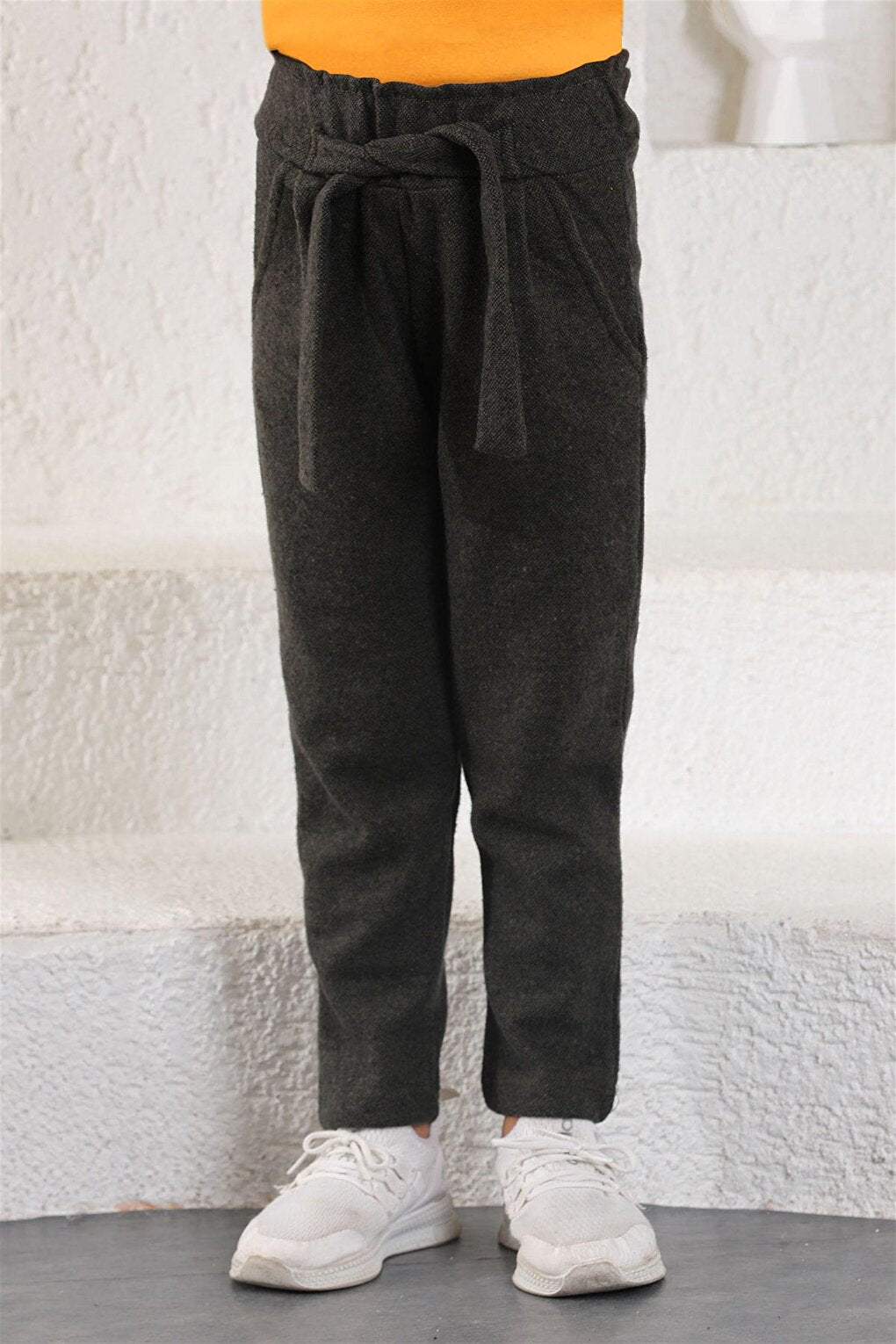 Girl's Black Gray Colored Belted Trousers