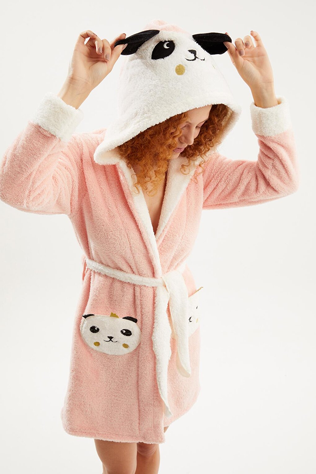 Women's Salmon White Garnished Panda Embroidered Hooded Short Dressing Gown