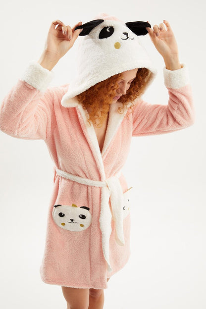 Women's Salmon White Garnished Panda Embroidered Hooded Short Dressing Gown