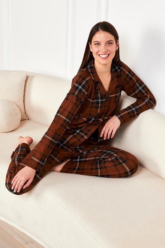 Women's Brown Plaid Suede Buttoned Baby Collar Long Sleeve Long Bottom Pajama Set