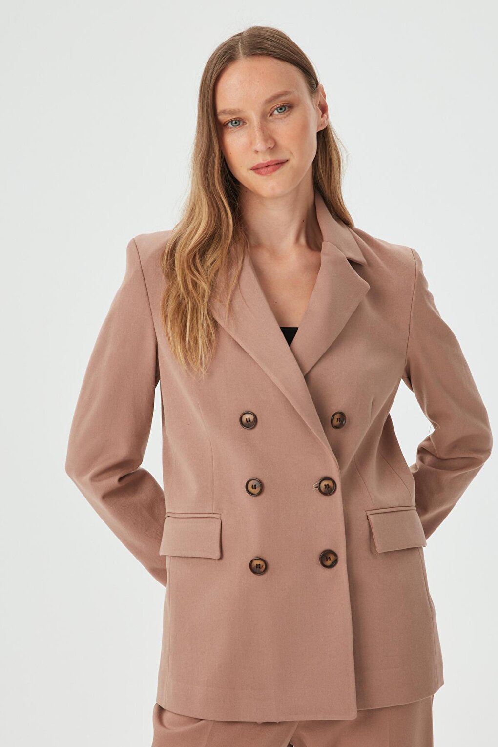 Women's Camel Button Detailed Boyfriend Blazer Jacket