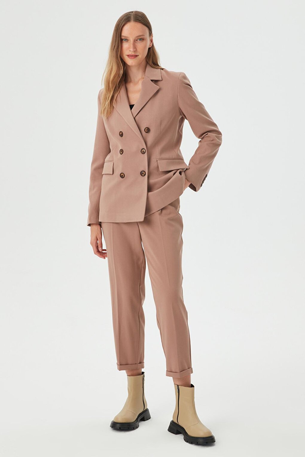 Women's Camel Button Detailed Boyfriend Blazer Jacket