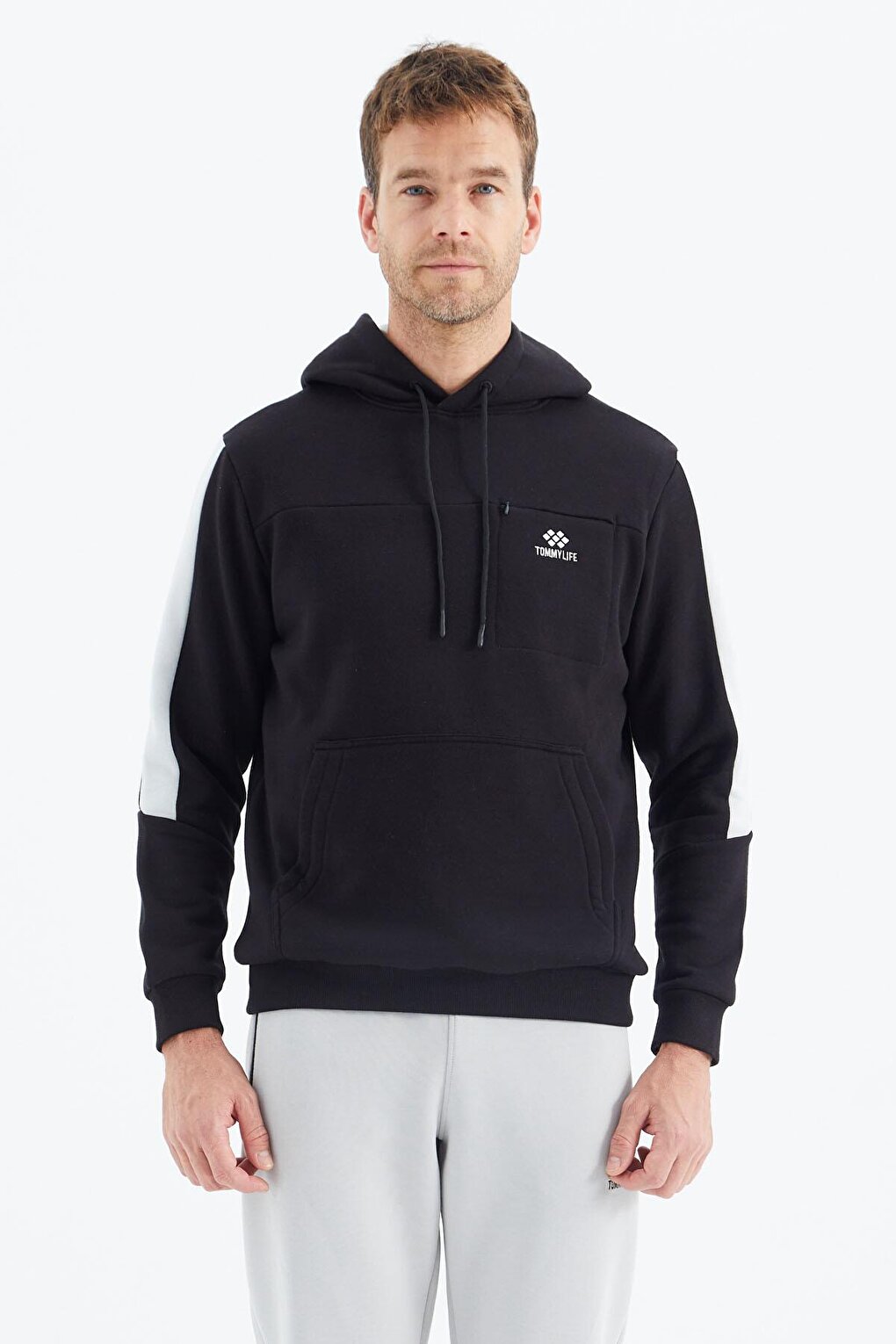 Black Men's Sweatshirt with Hidden Pocket Detail - 88312