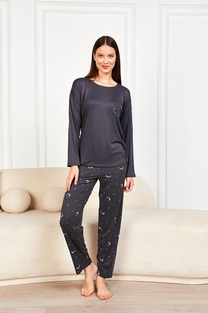 Women's Anthracite Crescent Star Pocket T.Shrt 2 Pcs Tkm 7606 PJM