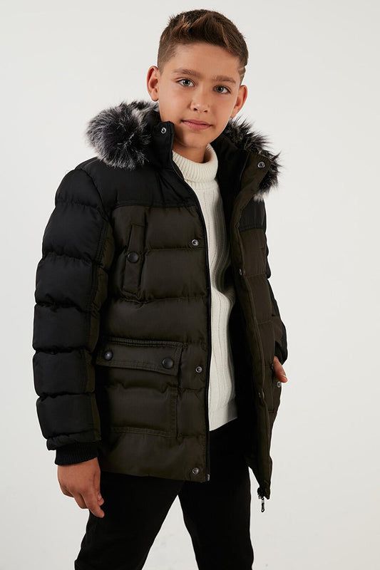 Removable Artificial Feather Hooded Puffer Coat with Plush Lining 5760054