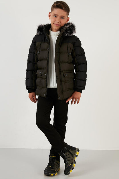 Removable Artificial Feather Hooded Puffer Coat with Plush Lining 5760054