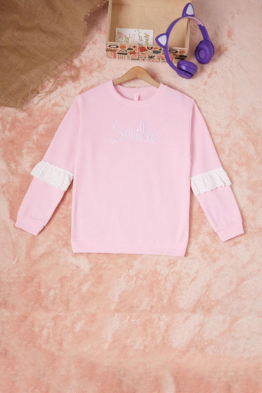 Pink Smile Embroidered Girl's Waffle Sweatshirt 16592