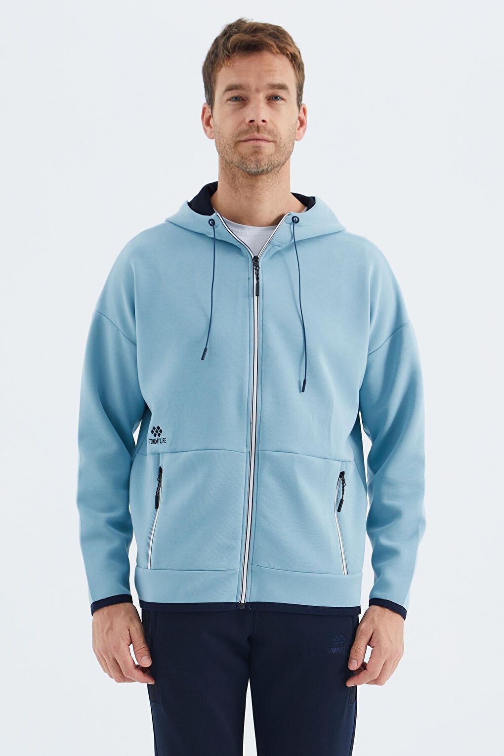 Light Blue Hooded Men's Sweatshirt with Hidden Pocket Detail - 88288