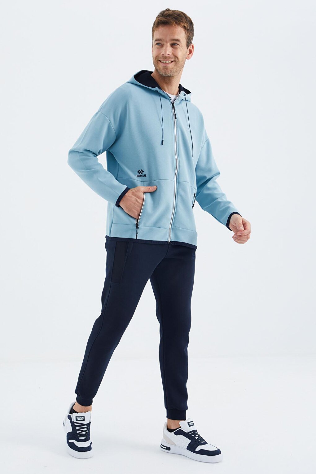 Light Blue Hooded Men's Sweatshirt with Hidden Pocket Detail - 88288