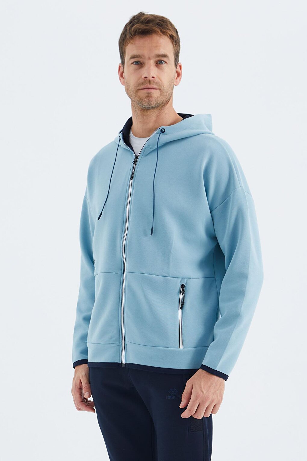 Light Blue Hooded Men's Sweatshirt with Hidden Pocket Detail - 88288