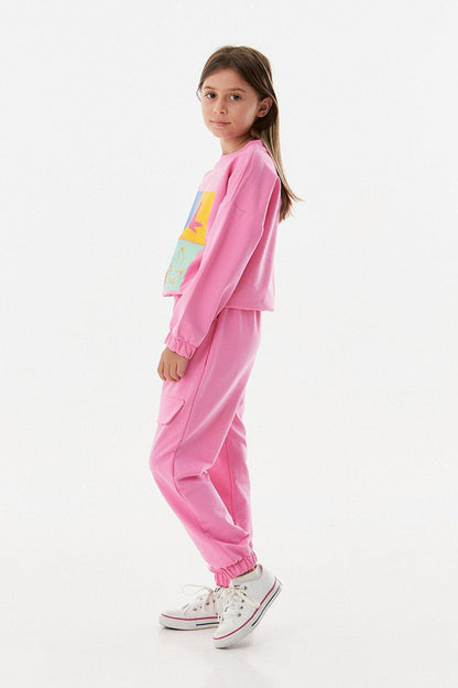 Printed Crew Neck Girls Tracksuit Set