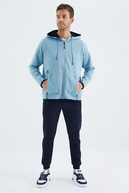 Light Blue Hooded Men's Sweatshirt with Hidden Pocket Detail - 88288