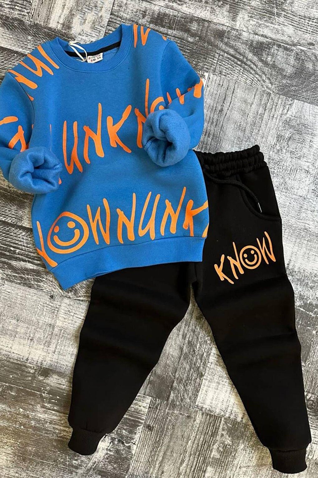 Boy's Text Printed 3 Thread Raised Blue Tracksuit