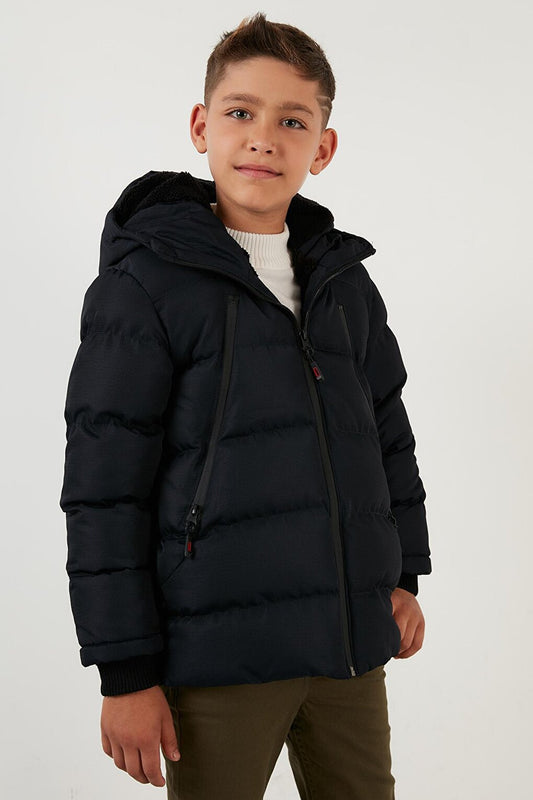 Hooded Puffer Coat with Plush Lining and Zippered Pockets 5760040