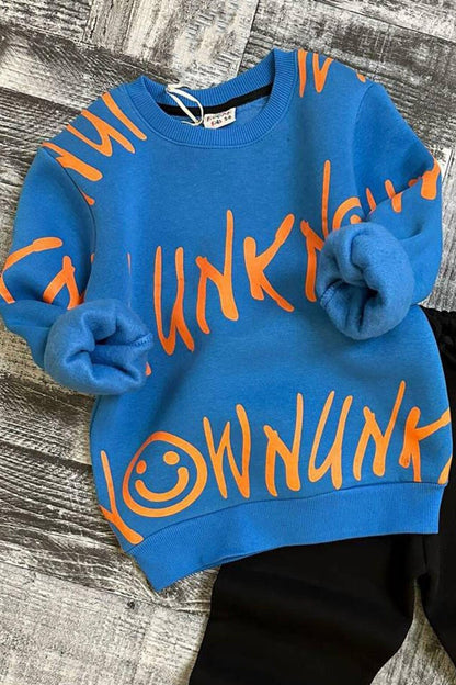 Boy's Text Printed 3 Thread Raised Blue Tracksuit