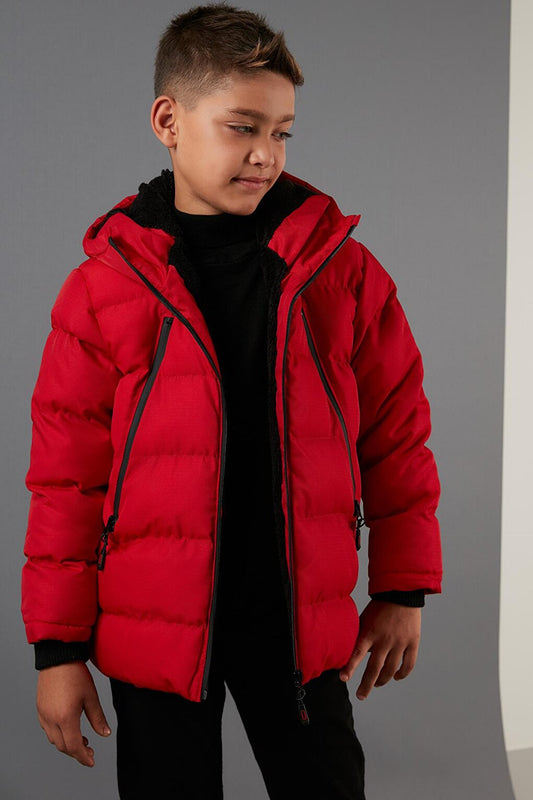 Hooded Puffer Coat with Plush Lining and Zippered Pockets 5760040