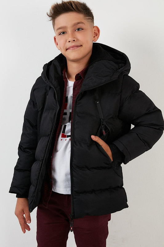 Hooded Puffer Coat with Plush Lining and Zippered Pockets 5760040