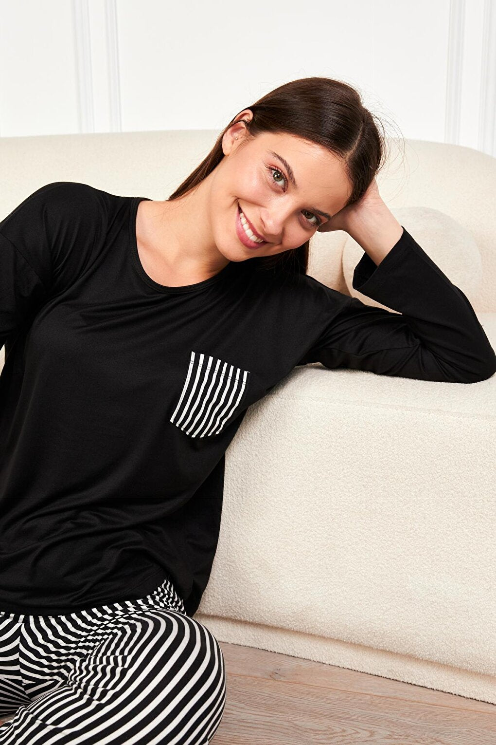 Women's Black Striped Pocket T.Shrt 2 Pcs Tkm 7606 PJM