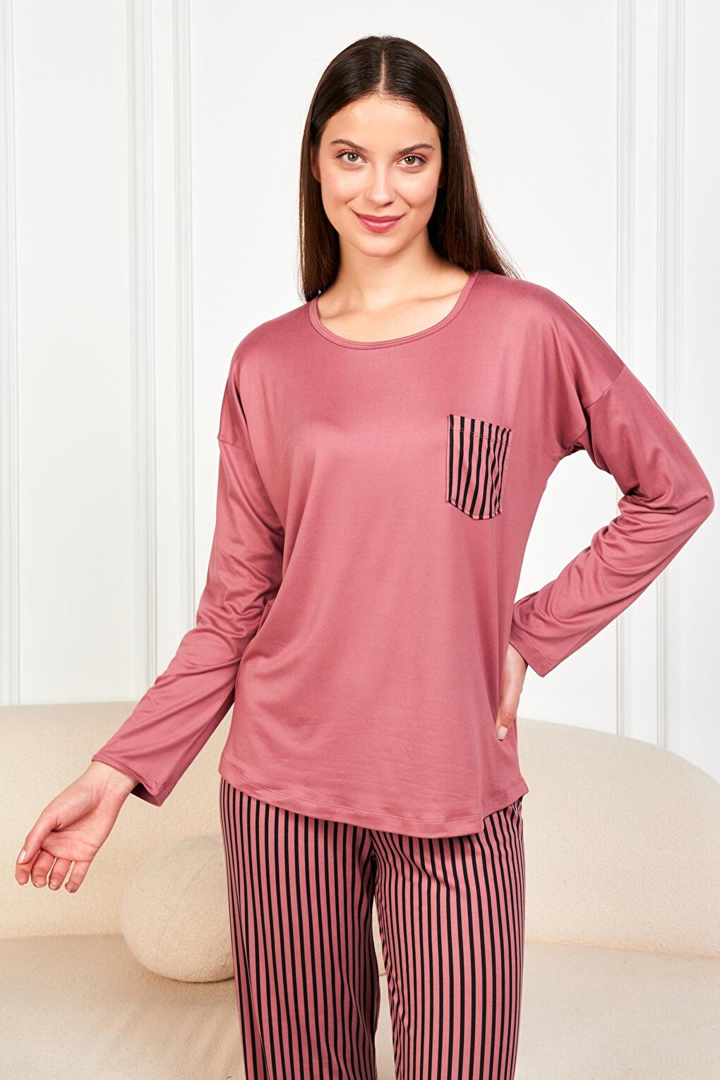 Women's Powder Striped Pocket T.Shrt 2 Pcs Tkm 7606 PJM