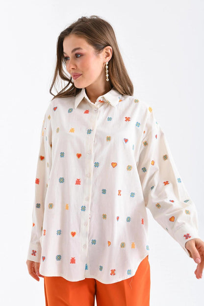 Summery Patterned Ecru Color Style Shirt