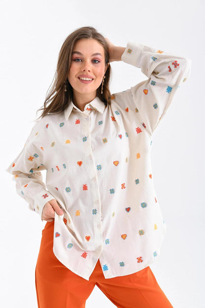 Summery Patterned Ecru Color Style Shirt