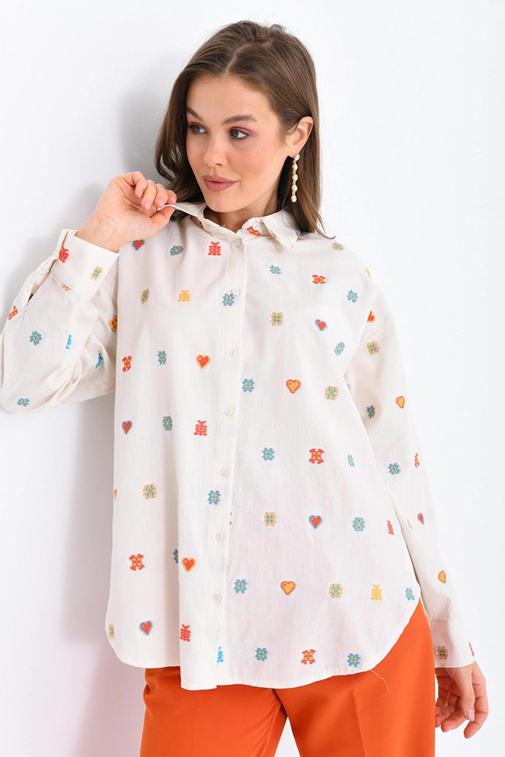 Summery Patterned Ecru Color Style Shirt