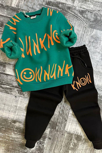 Boy's Text Printed 3 Thread Raised Green Tracksuit