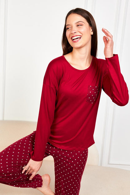 Women's Claret Red Polka Dot T.Shrt 2 Pcs Tkm 7606 PJM