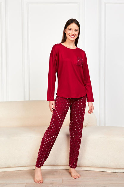 Women's Claret Red Polka Dot T.Shrt 2 Pcs Tkm 7606 PJM