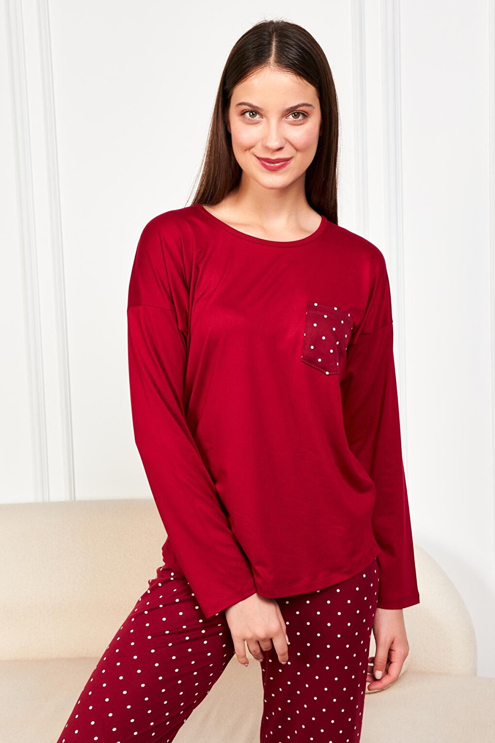 Women's Claret Red Polka Dot T.Shrt 2 Pcs Tkm 7606 PJM