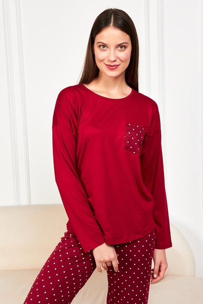 Women's Claret Red Polka Dot T.Shrt 2 Pcs Tkm 7606 PJM