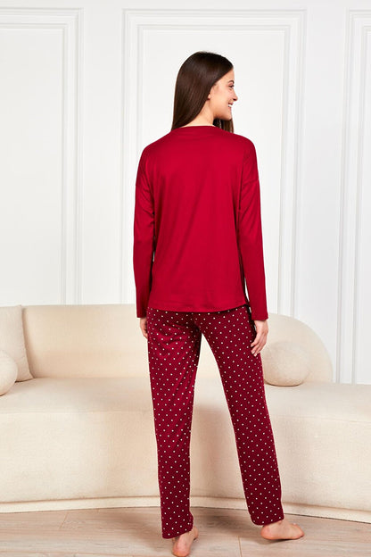 Women's Claret Red Polka Dot T.Shrt 2 Pcs Tkm 7606 PJM