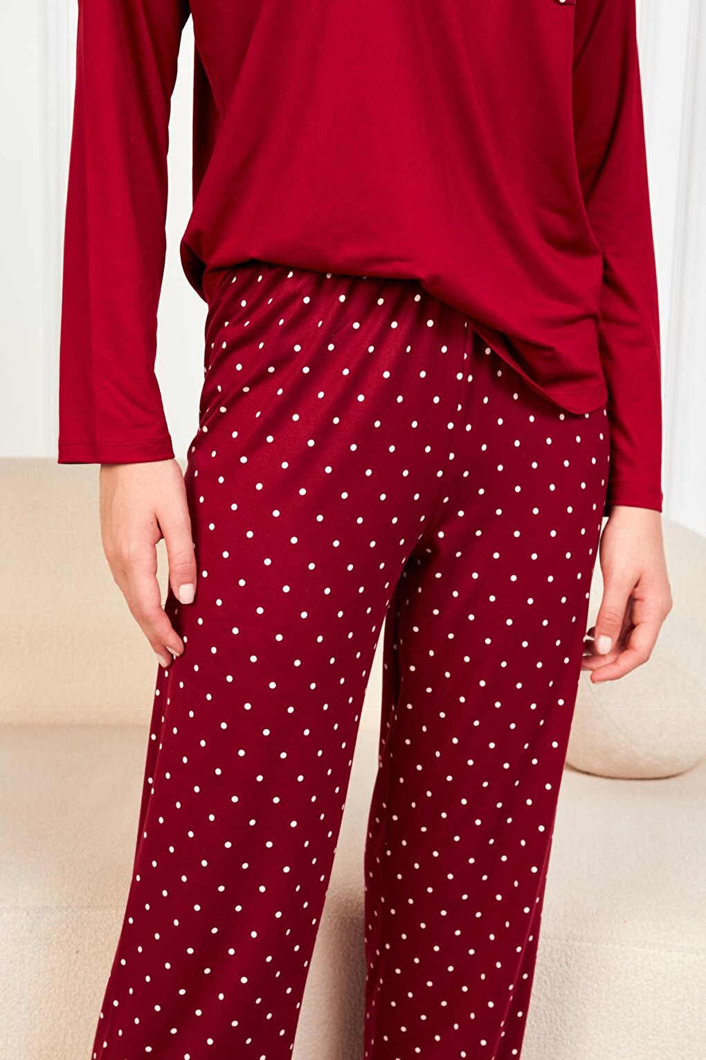 Women's Claret Red Polka Dot T.Shrt 2 Pcs Tkm 7606 PJM