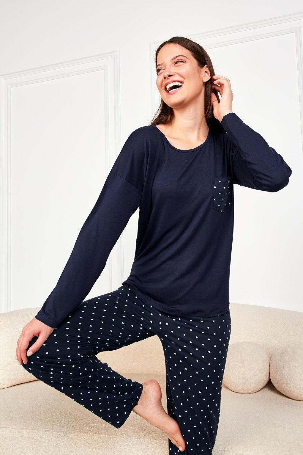 Women's Navy Blue Polka Dot T.Shrt 2 Pack Tkm 7606 PJM